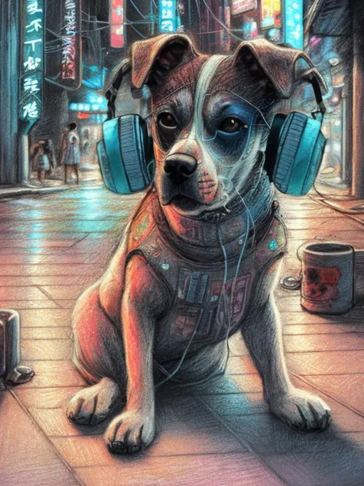 Prompt: chalk pastel art of a detailed dog listening to music on the streets in cyberpunk japan during a festival, sketch, detailed background, highres, fun atmosphere, natural lighting,  abstract, fun