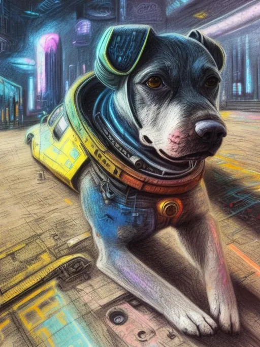 Prompt: Detailed chalk pastel sketch of a cyberpunk spaceship with a detailed dog, natural lighting, highres, abstract atmosphere, fun, detailed background, pastel style, detailed dog, cyberpunk spaceship, fun atmosphere, natural lighting, highres, abstract, sketch, colorful, detailed, vibrant, joyful