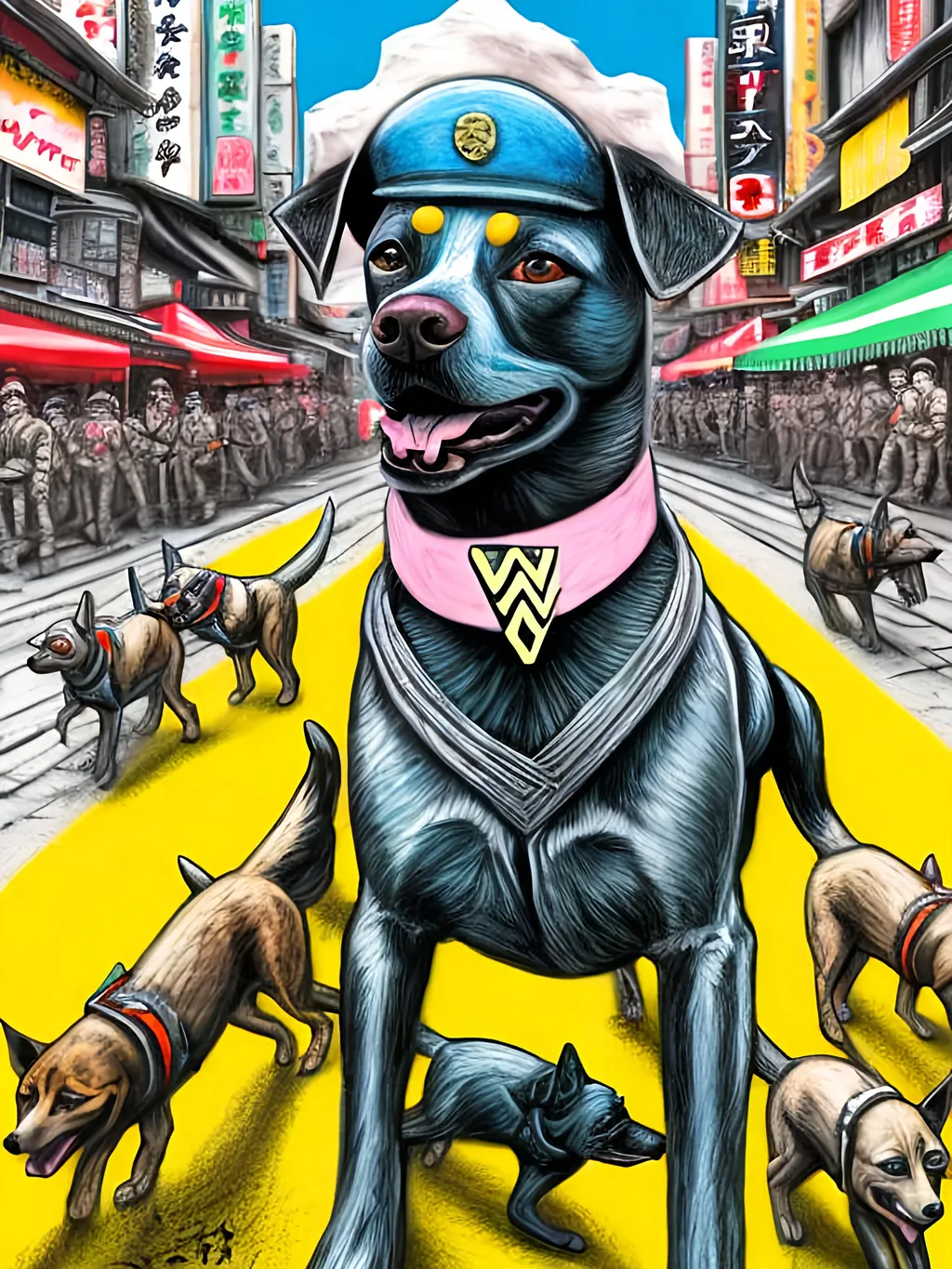 Prompt: pop art chalk pastel art of detailed dogs wearing nazi uniforms playing in the streets in japan during a festival, sketch, detailed background, highres, fun atmosphere, natural lighting,  abstract, fun