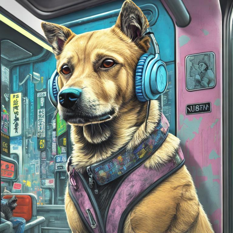 Prompt: pop art chalk pastel art of a detailed dog listening to music on the subway train in cyberpunk japan with planes in the background, sketch, detailed background, highres, fun atmosphere, natural lighting,  abstract, fun