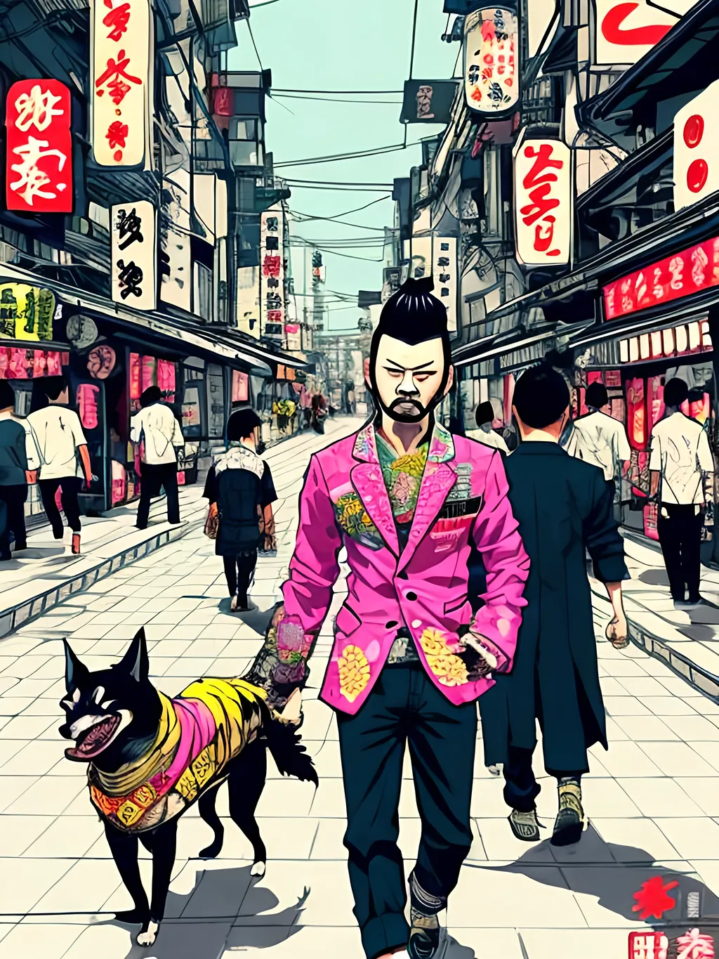 Prompt: pop art chalk pastel style of a detailed dog dressed as yakuza in the streets in japan during a festival, sketch, detailed background, highres, fun atmosphere, natural lighting,  abstract, fun