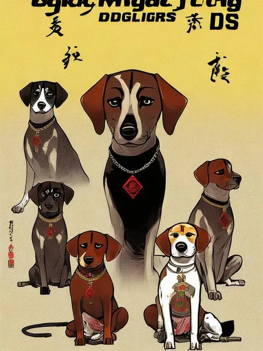 Prompt: black mountain cur dogs in yakuza outfit 90s poster