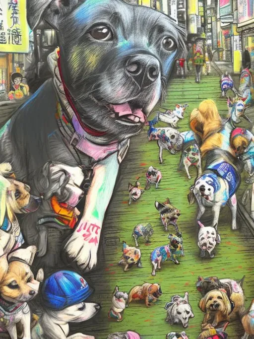 Prompt: pop art chalk pastel art of detailed dogs wearing clothes playing in the streets in japan during a festival, sketch, detailed background, highres, fun atmosphere, natural lighting,  abstract, fun