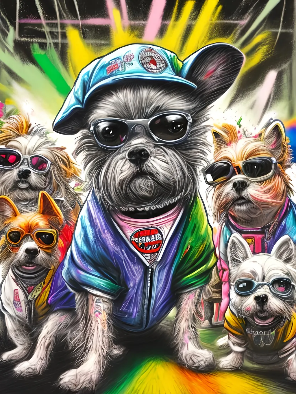 Prompt: pop art chalk pastel art of detailed dogs wearing gangster clothes playing in the streets in japan during a festival, sketch, detailed background, highres, fun atmosphere, natural lighting,  abstract, fun