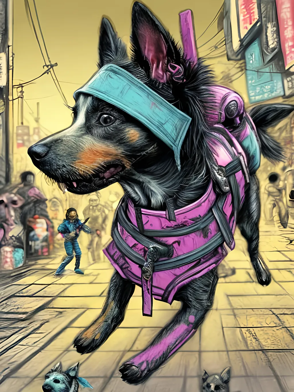 Prompt: pop art chalk pastel art of detailed dogs wearing ninja clothes playing in the streets in cyberpunk japan during a festival, sketch, detailed background, highres, fun atmosphere, natural lighting,  abstract, fun