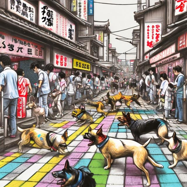 Prompt: pop art chalk pastel art of detailed dogs playing in the streets in japan during a festival, sketch, detailed background, highres, fun atmosphere, natural lighting,  abstract, fun