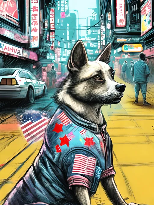 Prompt: pop art chalk pastel art of detailed dog wearing USA clothes playing in the streets in cyberpunk japan during a festival, sketch, detailed background, highres, fun atmosphere, natural lighting,  abstract, fun