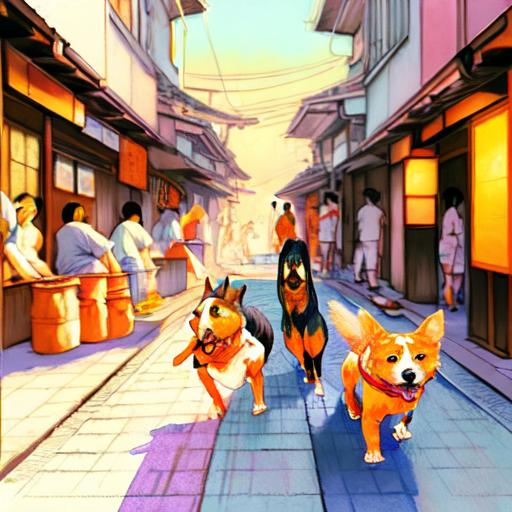 Prompt: chalk pastel art of dogs playing in the streets in japan, sketch, detailed background, highres, fun atmosphere, natural lighting, pastel colors, abstract, fun