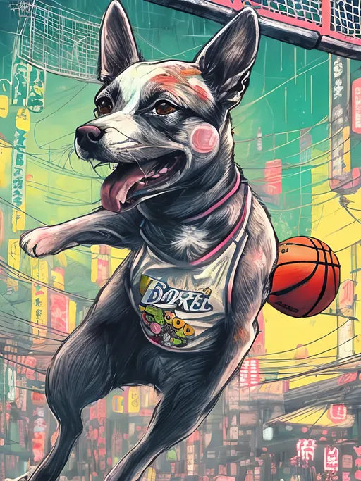 Prompt: pop art chalk pastel art of detailed dog playing basket ball game in cyberpunk japan, sketch, detailed background, highres, fun atmosphere, natural lighting,  abstract, fun