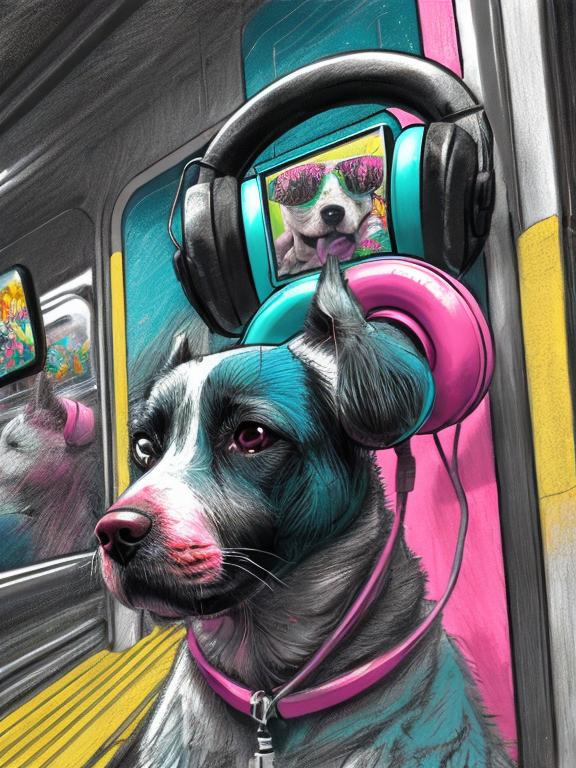 Prompt: pop art chalk pastel art of a detailed dog listening to music on the train in cyberpunk japan during a festival, sketch, detailed background, highres, fun atmosphere, natural lighting,  abstract, fun