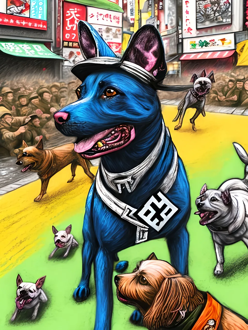 Prompt: pop art chalk pastel art of detailed dogs wearing nazi uniforms playing in the streets in japan during a festival, sketch, detailed background, highres, fun atmosphere, natural lighting,  abstract, fun