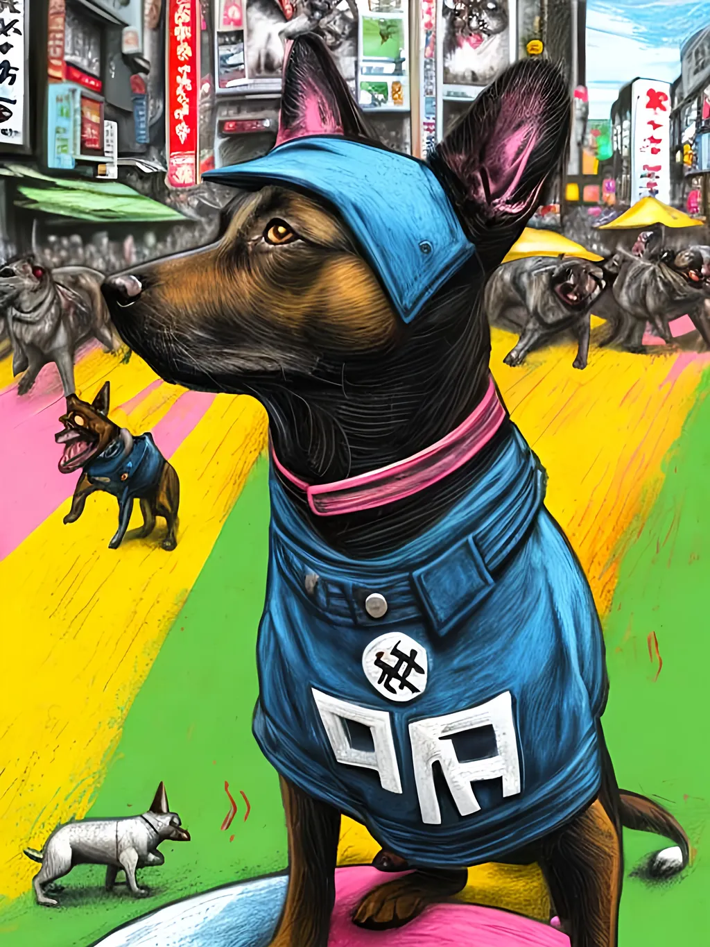 Prompt: pop art chalk pastel art of detailed dogs wearing nazi uniforms playing in the streets in japan during a festival, sketch, detailed background, highres, fun atmosphere, natural lighting,  abstract, fun