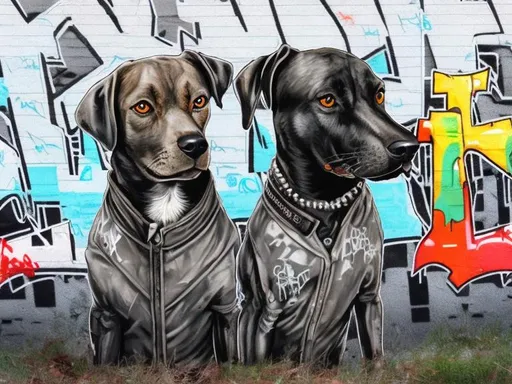 Prompt: mountain cur black dogs in gangster clothing graffiti