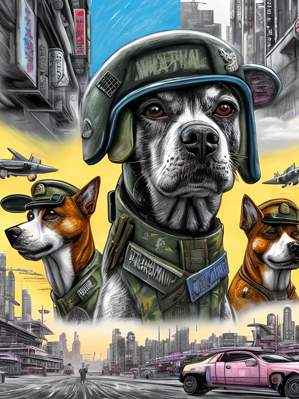 Prompt: pop art chalk pastel art of a detailed dogs wearing military uniforms on the streets in cyberpunk japan during a festival with planes in the background, sketch, detailed background, highres, fun atmosphere, natural lighting,  abstract, fun