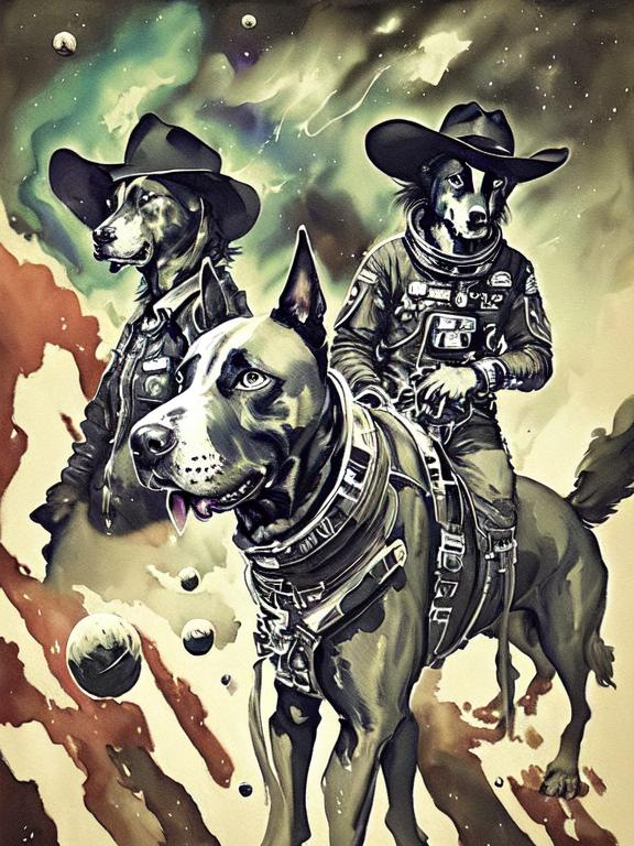 Prompt: Surrealism black dogs in cowboy outfits in space, abstract art style, cowboy hat, eerie atmosphere, floating celestial bodies, mysterious nebulae, dreamlike, surreal, high contrast, otherworldly, abstract, space, astronaut, eerie atmosphere, celestial bodies, dreamlike, surreal, high contrast, mysterious, nebulae, dogs