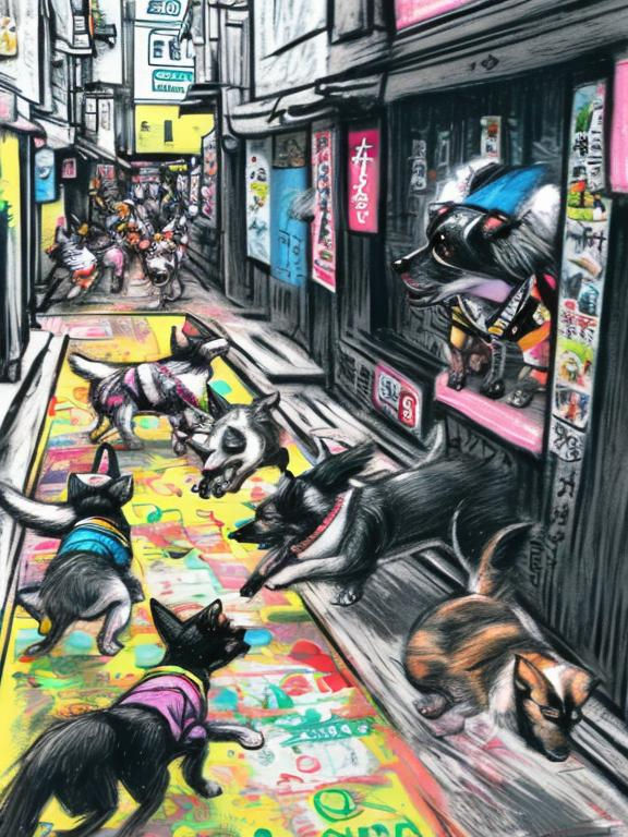 Prompt: pop art chalk pastel art of detailed dogs wearing clothes playing in the streets in japan during a festival, sketch, detailed background, highres, fun atmosphere, natural lighting,  abstract, fun