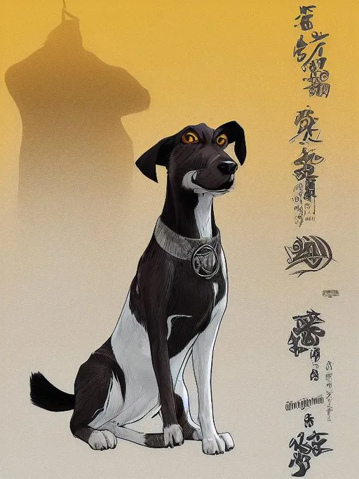 Prompt: black mountain cur dog in yakuza outfit 90s poster