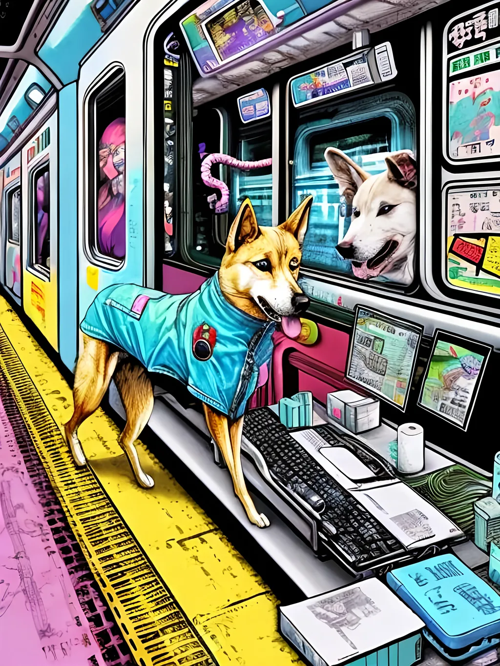 Prompt: pop art chalk pastel art of a detailed dog hacking a computer on the subway train in cyberpunk japan with planes in the background, sketch, detailed background, highres, fun atmosphere, natural lighting,  abstract, fun