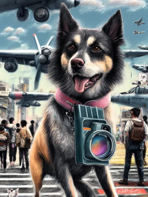 Prompt: chalk pastel art of a detailed dog with a polaroid camera on the streets in post-apocalyptic Japan during a festival with planes in the background, sketch, detailed background, highres, fun atmosphere, natural lighting,  abstract, fun