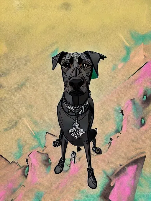 Prompt: mountain cur black dog in gangster clothing graffiti