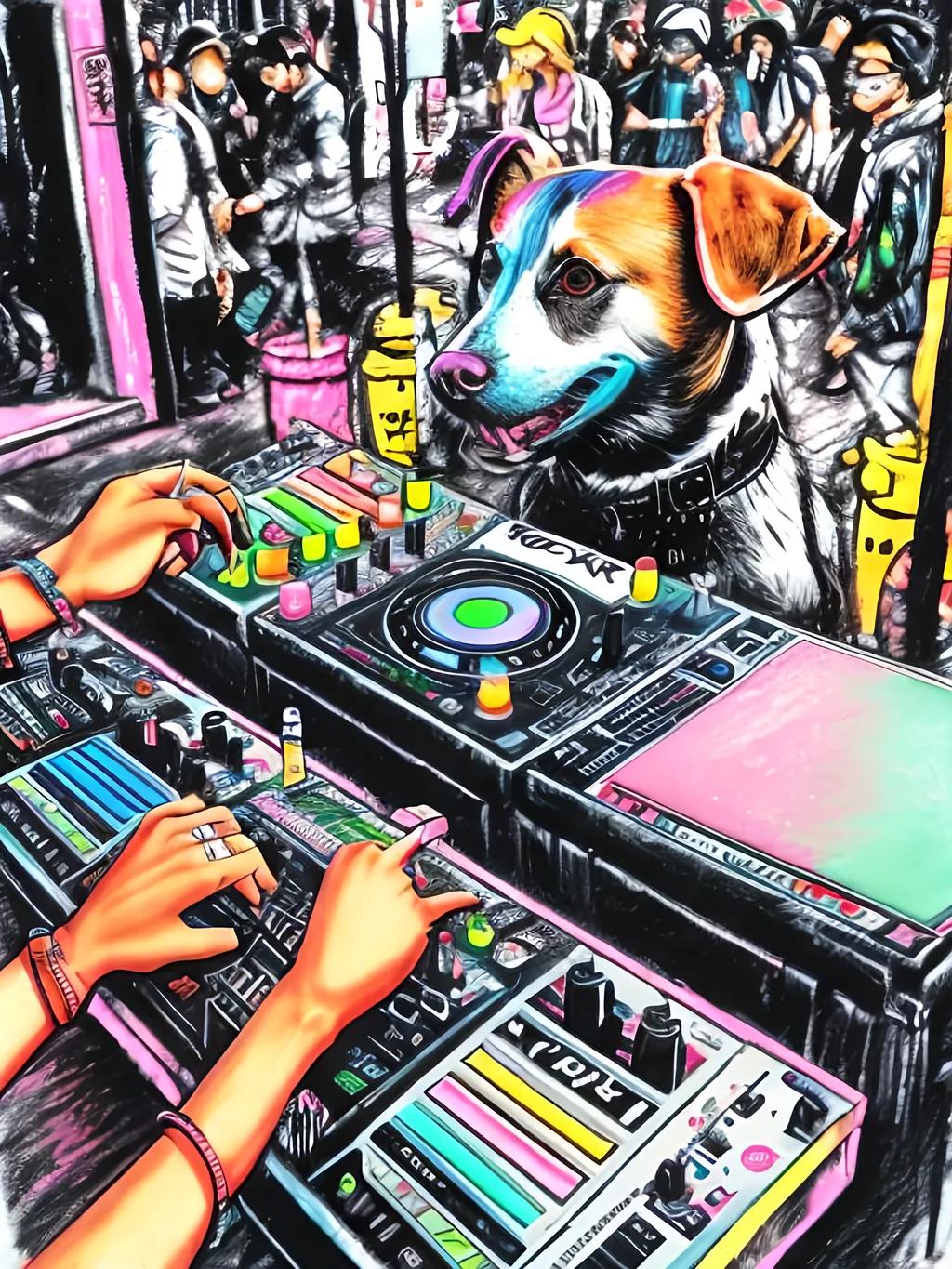 Prompt: pop art chalk pastel art of detailed dog DJing in the streets in Japan during a festival, sketch, detailed background, highres, fun atmosphere, natural lighting,  abstract, fun