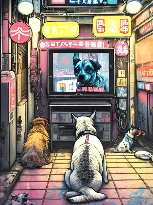 Prompt: pop art chalk pastel art of detailed dog watching tv in the streets in cyberpunk japan during a festival, sketch, detailed background, highres, fun atmosphere, natural lighting,  abstract, fun