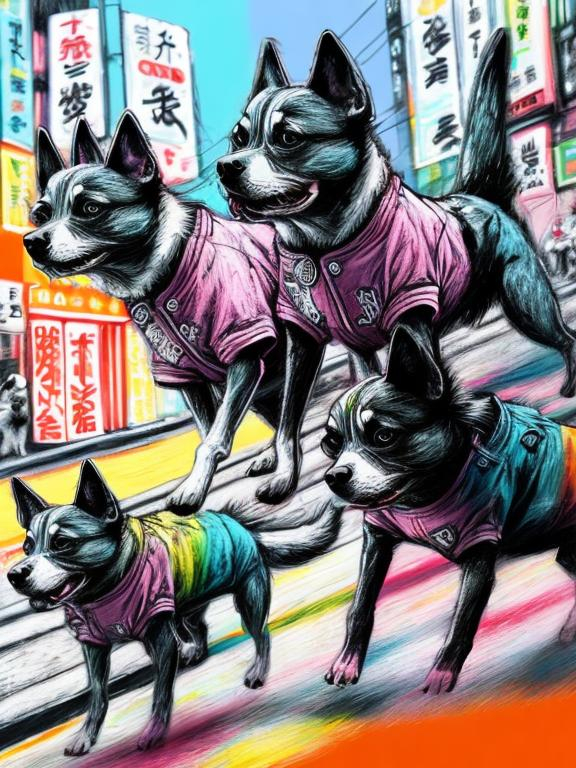Prompt: pop art chalk pastel art of detailed dogs wearing gangster clothes playing in the streets in japan during a festival, sketch, detailed background, highres, fun atmosphere, natural lighting,  abstract, fun