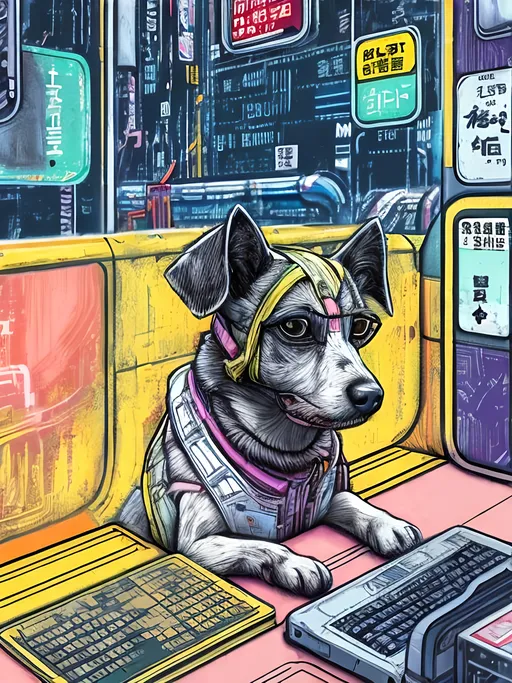 Prompt: pop art chalk pastel art of a detailed dog hacking a computer on the subway train in cyberpunk japan with planes in the background, sketch, detailed background, highres, fun atmosphere, natural lighting,  abstract, fun