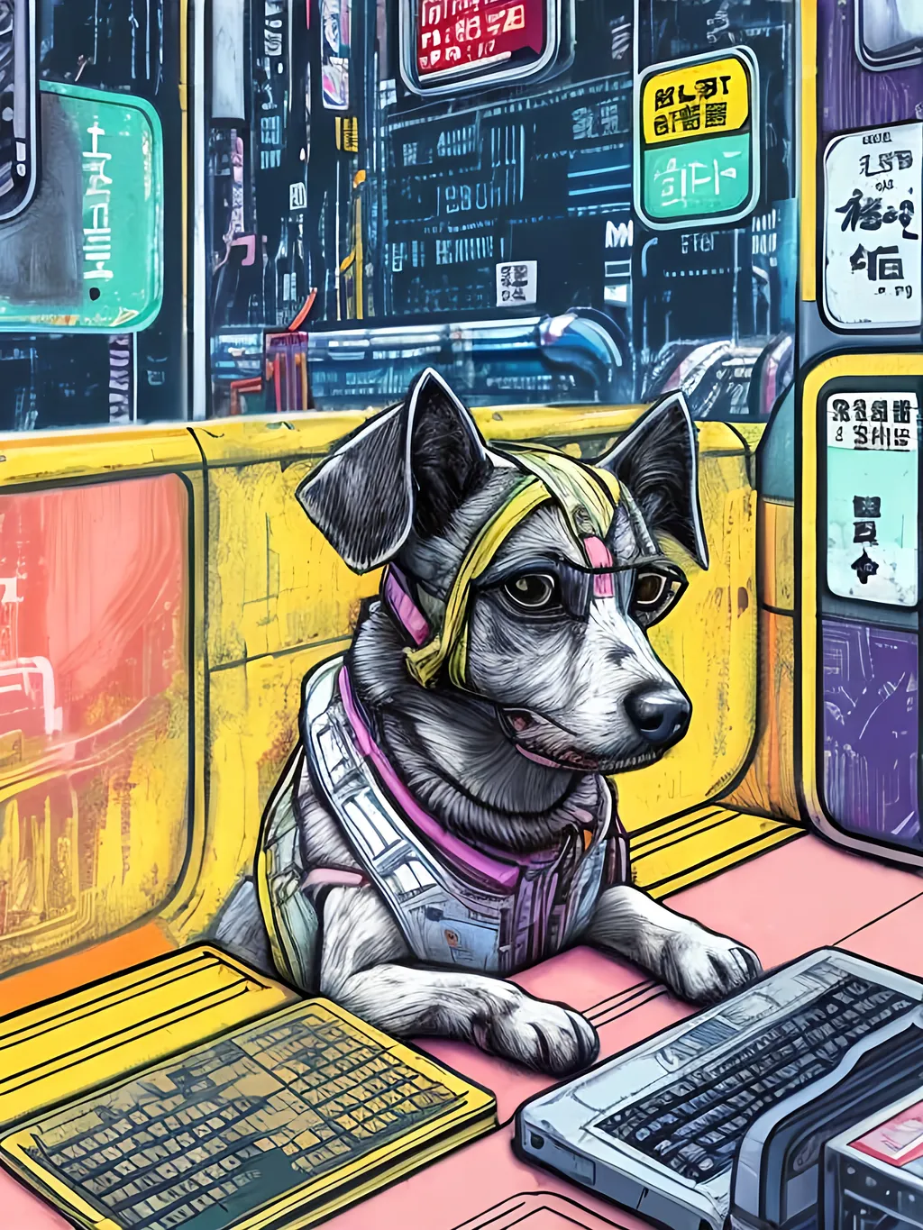 Prompt: pop art chalk pastel art of a detailed dog hacking a computer on the subway train in cyberpunk japan with planes in the background, sketch, detailed background, highres, fun atmosphere, natural lighting,  abstract, fun