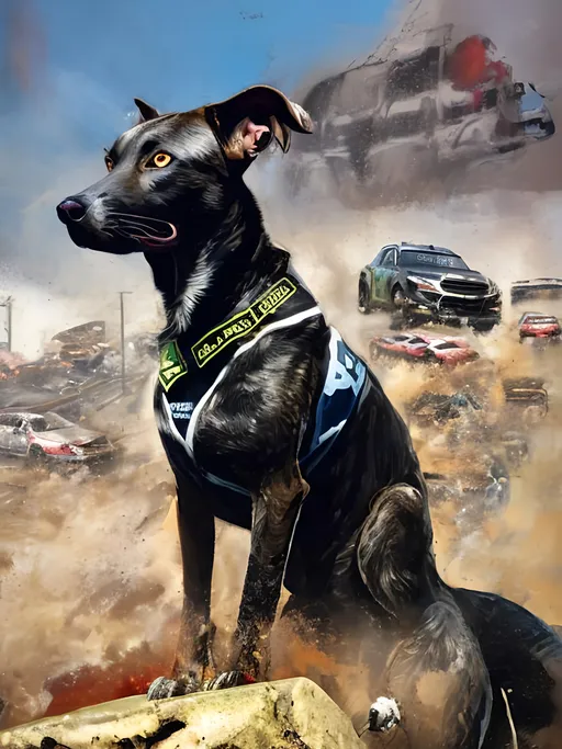 Prompt: Detailed mountain cur all black dog at a nascar race, pop art chalk pastel, grunge, highres, abstract, natural lighting, lively atmosphere, fun, vibrant, happy-go-lucky, detailed dogs, detailed eyes, detailed fur, festive, flying, post-apocalyptic, Japan, chalk pastel, detailed background, grunge style, abstract art, high quality, natural lighting