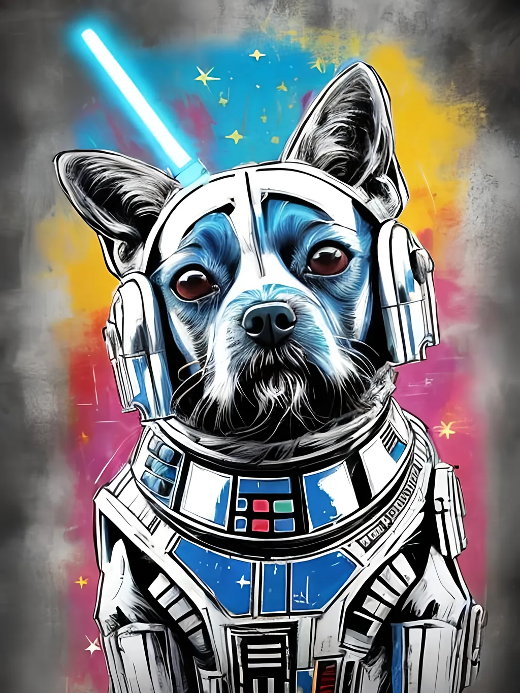 Prompt: pop art chalk pastel style art of detailed dog in star wars, sketch, detailed background, highres, fun atmosphere, natural lighting,  abstract, fun