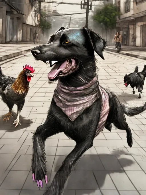 Prompt: a black dog wearing clothes chasing a chicken in the streets, sketch, detailed background, highres, fun atmosphere, natural lighting, pastel colors