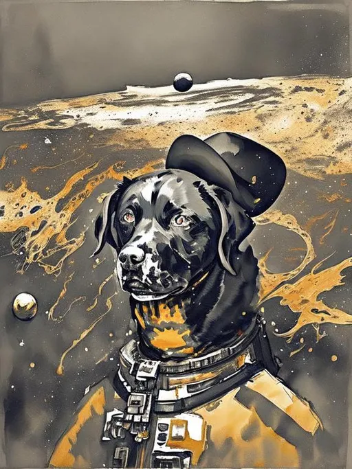 Prompt: Surrealism black dogs in cowboy outfits in space, abstract art style, cowboy hat, eerie atmosphere, floating celestial bodies, mysterious nebulae, dreamlike, surreal, high contrast, otherworldly, abstract, space, astronaut, fun atmosphere, celestial bodies, dreamlike, surreal, high contrast, mysterious, nebulae, dogs