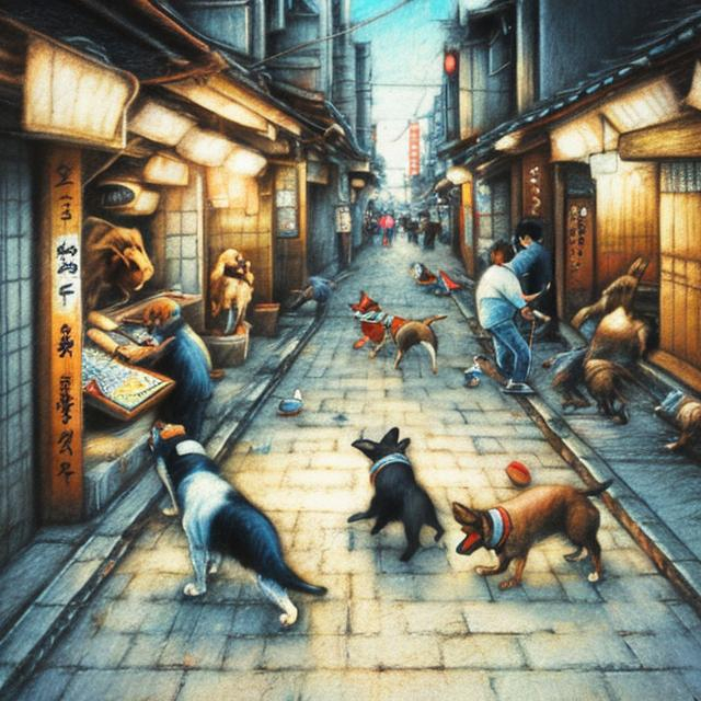 Prompt: etchy chalk pastel art of dogs playing in the streets in japan, sketch, detailed background, highres, fun atmosphere, natural lighting, pastel colors, abstract, fun