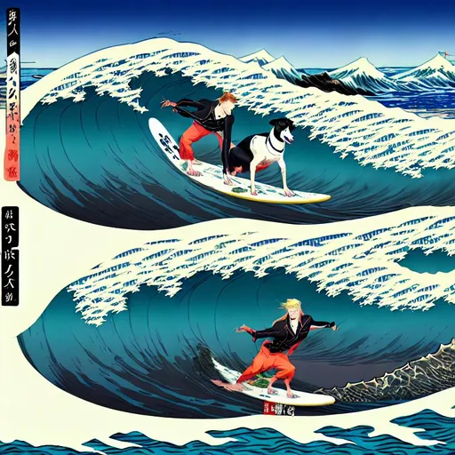Prompt: black mountain cur dogs surfing in hiroshige wave wearing pro trump clothes