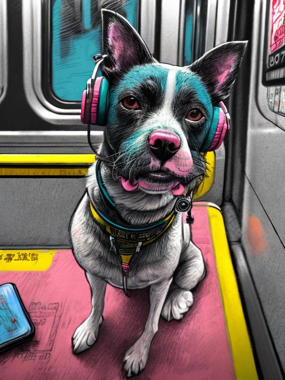 Prompt: pop art chalk pastel art of a detailed dog listening to music on the subway train in cyberpunk japan, sketch, detailed background, highres, fun atmosphere, natural lighting,  abstract, fun