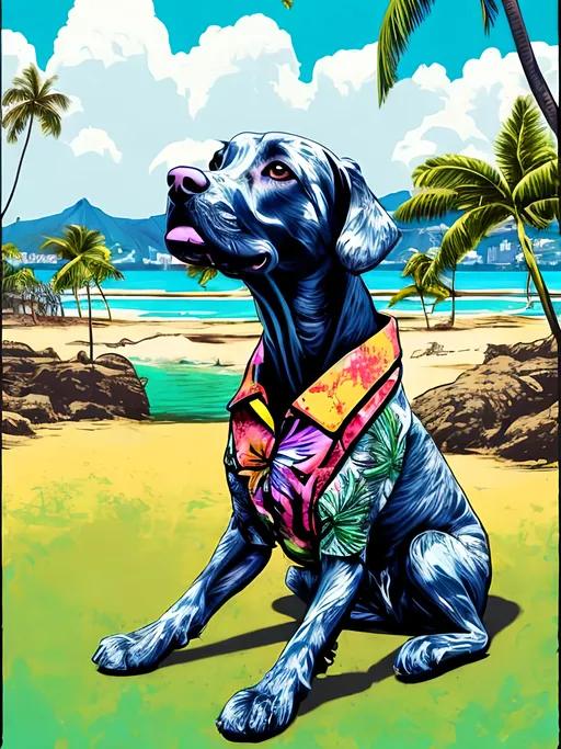 Prompt: pop art chalk pastel style of a  detailed dog getting its hair braided in a Hawaiian shirt in Jamaica, sketch, detailed background, highres, fun atmosphere, natural lighting,  abstract, fun