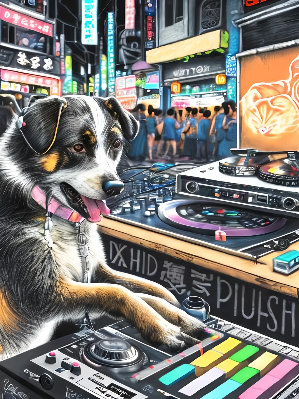 Prompt: chalk pastel art of detailed dog DJing in the streets in Japan during a festival, sketch, detailed background, highres, fun atmosphere, natural lighting,  abstract, fun