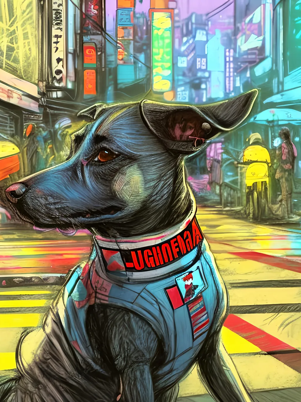 Prompt: pop art chalk pastel art of detailed dog wearing USA clothes playing in the streets in cyberpunk japan during a festival, sketch, detailed background, highres, fun atmosphere, natural lighting,  abstract, fun