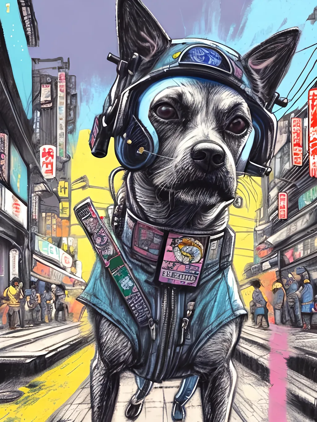 Prompt: pop art chalk pastel art of a detailed dog wearing a pilot uniform playing in the streets in cyberpunk japan during a festival, sketch, detailed background, highres, fun atmosphere, natural lighting,  abstract, fun