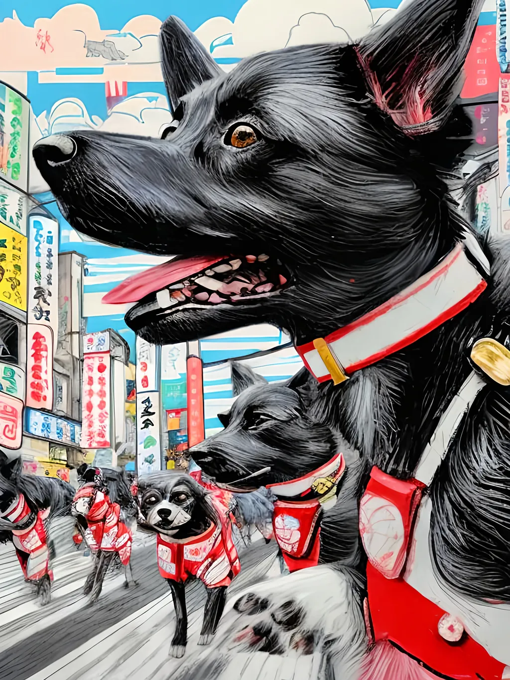 Prompt: pop art chalk pastel art of detailed dogs wearing pilot uniforms playing in the streets in japan during a festival, sketch, detailed background, highres, fun atmosphere, natural lighting,  abstract, fun