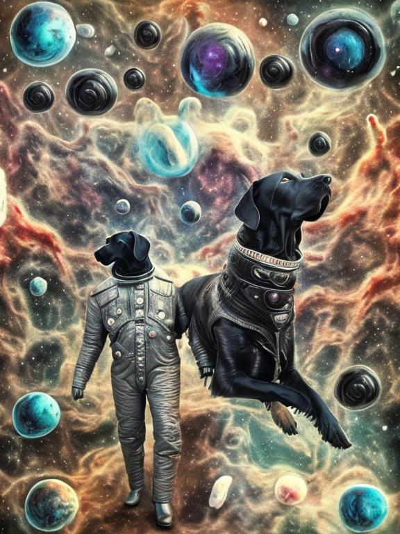 Prompt: Surrealism black dogs in gangster outfits in space, abstract art style, cowboy hat, fun atmosphere, floating celestial bodies, mysterious nebulae, dreamlike, surreal, high contrast, otherworldly, abstract, space, astronaut, fun atmosphere, celestial bodies, dreamlike, surreal, high contrast, mysterious, nebulae, dogs, usa, patriotic, trump