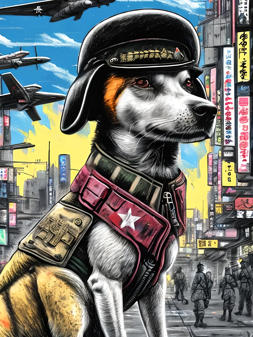 Prompt: pop art chalk pastel art of a detailed dog wearing a military uniform on the streets in cyberpunk japan during a festival with planes in the background, sketch, detailed background, highres, fun atmosphere, natural lighting,  abstract, fun