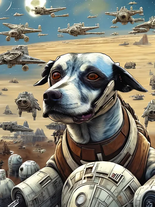 Prompt: pop art chalk pastel style art of detailed dog in star wars with pod racers, sketch, detailed background, highres, fun atmosphere, natural lighting,  abstract, fun