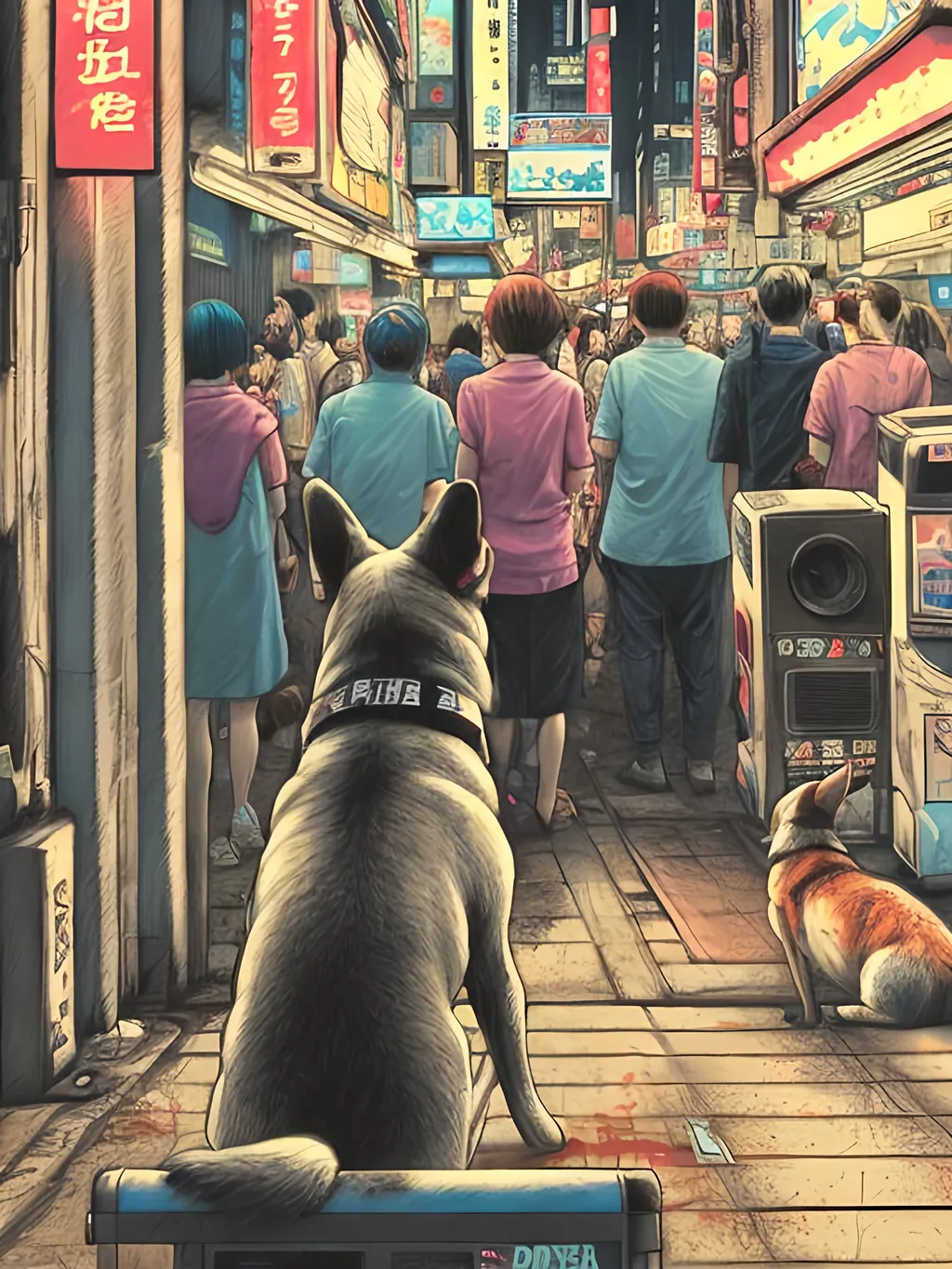 Prompt: pop art chalk pastel art of detailed dog watching tv in the streets in cyberpunk japan during a festival, sketch, detailed background, highres, fun atmosphere, natural lighting,  abstract, fun