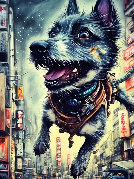 Prompt: Detailed happy dog flying, post-apocalyptic Japan festival, sketch, chalk pastel, detailed planes, grunge, highres, abstract, natural lighting, lively atmosphere, fun, vibrant, happy-go-lucky, detailed dogs, detailed eyes, detailed fur, festive, flying, post-apocalyptic, Japan, sketch art, chalk pastel, detailed background, grunge style, abstract art, high quality, natural lighting