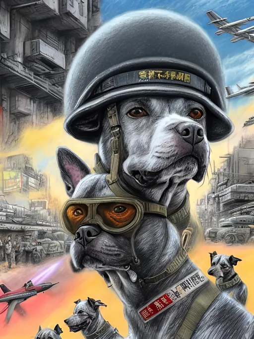 Prompt: chalk pastel art of a detailed dogs wearing military uniforms on the streets in cyberpunk japan during a festival with planes in the background, sketch, detailed background, highres, fun atmosphere, natural lighting,  abstract, fun