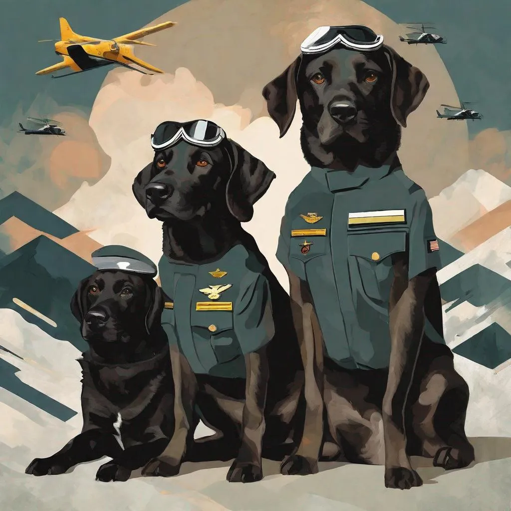 Prompt: mountain cur black dogs in pilot uniform abstract art 90s poster