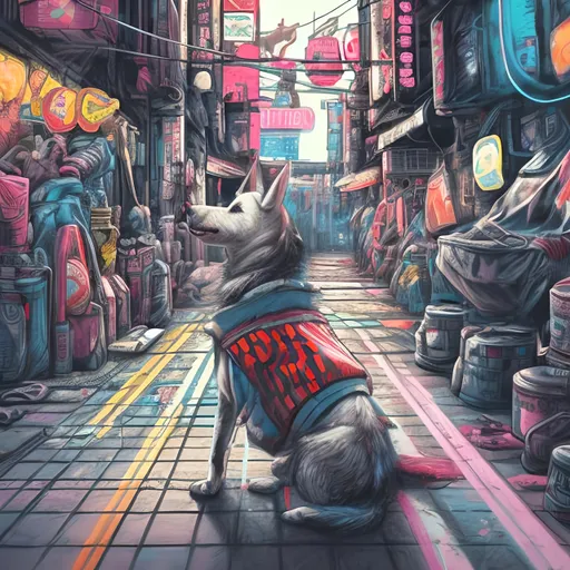 Prompt: pop art chalk pastel art of detailed dog wearing USA clothes playing in the streets in cyberpunk japan during a festival, sketch, detailed background, highres, fun atmosphere, natural lighting,  abstract, fun