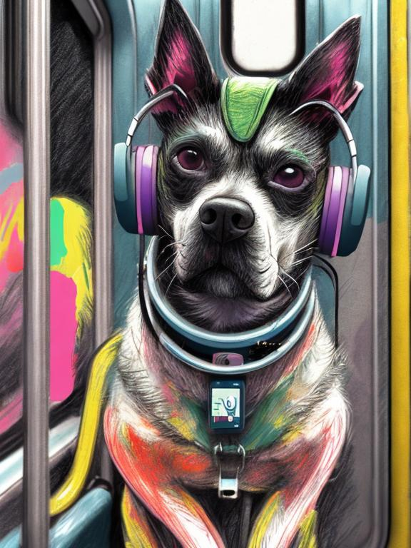 Prompt: pop art chalk pastel art of a detailed dog listening to music on the subway train in cyberpunk japan, sketch, detailed background, highres, fun atmosphere, natural lighting,  abstract, fun